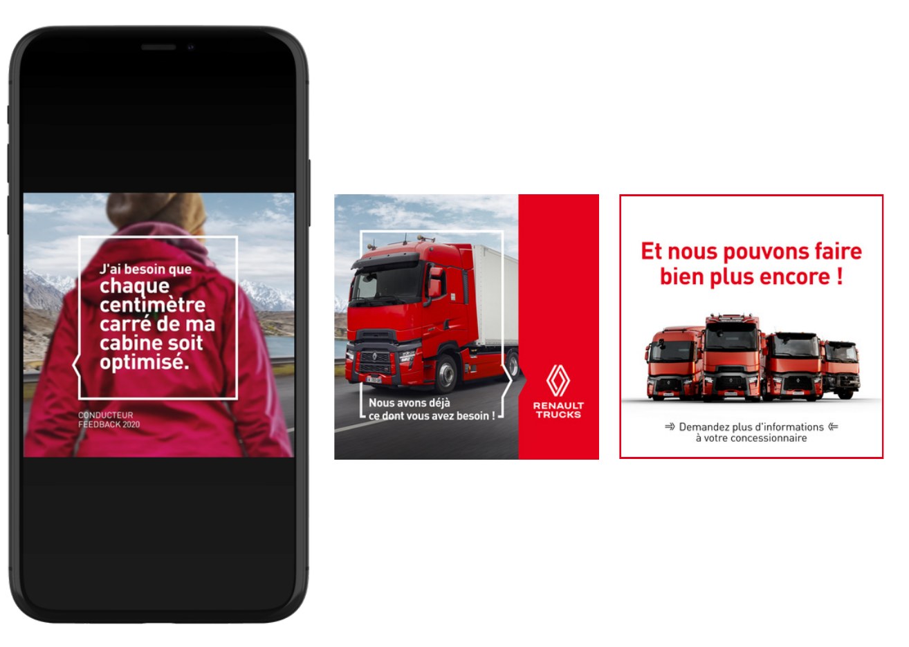 Social campaign content shown on a phone beside two key visuals